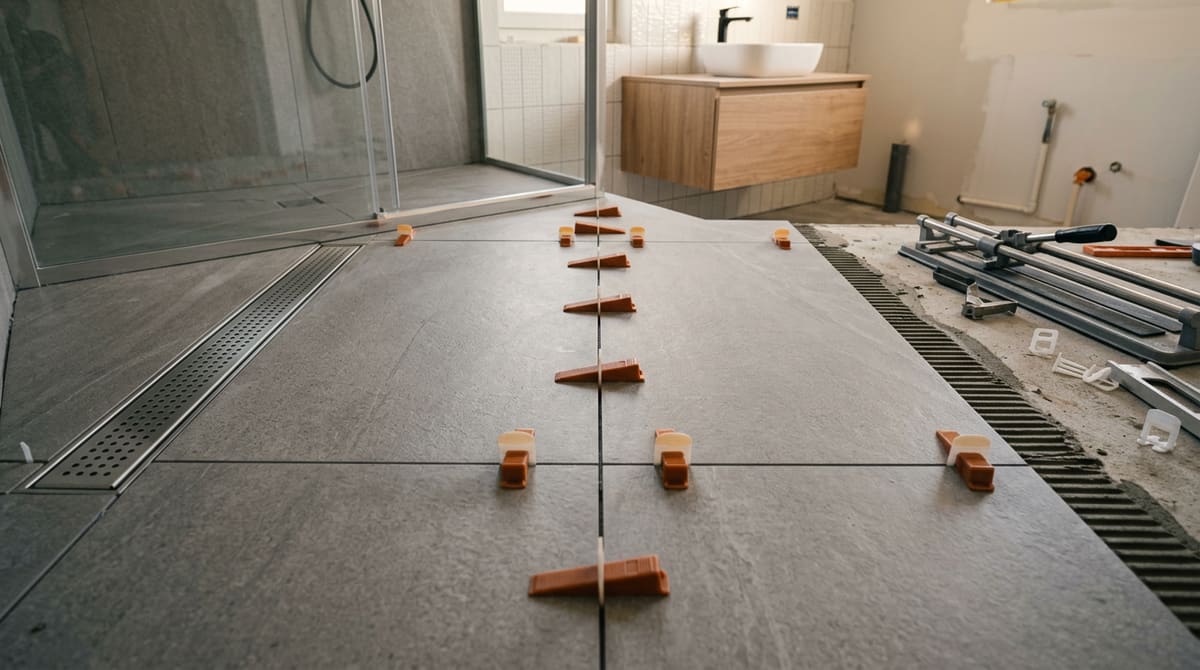 Große graue Bodenfliesen werden mit Nivelliersystem im Badezimmer verlegt